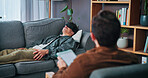 Psychologist, tablet or man with blindfold in office, trauma processing or trust for therapeutic practice. Tech, memory exploration or people with therapy for mental health, visualization or support