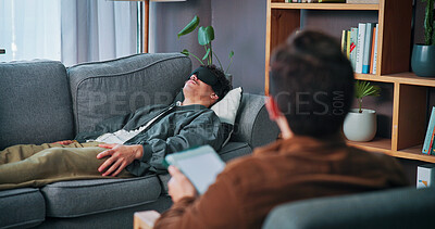 Buy stock photo Psychologist, tablet or man with blindfold in office, trauma processing or trust for therapeutic practice. Tech, memory exploration or people with therapy for mental health, visualization or support