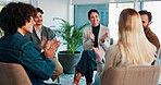 Group, therapy and people happy with applause for celebratrion, mental health and healing. Men, woman and therapist clap for success, trust and community for diversity, discussion and addiction