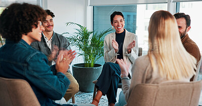 Buy stock photo Group, therapy and people happy with applause for celebratrion, mental health and healing. Men, woman and therapist clap for success, trust and community for diversity, discussion and addiction