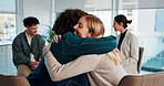 Group, therapy and people hug for support with experience, mental health and healing. Happy man, woman and counselling with comfort, trust and community with diversity, discussion and wellness