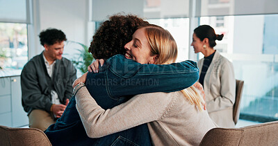 Buy stock photo Group, therapy and people hug for support with experience, mental health and healing. Happy man, woman and counselling with comfort, trust and community with diversity, discussion and wellness