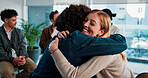 Group, therapy and happy people hug for support with experience, mental health and healing. Man, woman and counselling with comfort, trust and community with diversity, discussion and wellness