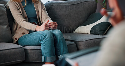 Buy stock photo Hands, anxiety and woman on sofa by psychologist for emotional support or advice on mental health. Nervous, notes and female person with life coach for therapy, help or counseling session at clinic.