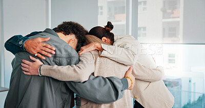 Buy stock photo Group, therapy and people in huddle for support with experience, mental health and healing. Men, women and counselling with hug for comfort, trust and community with empathy, help and wellness