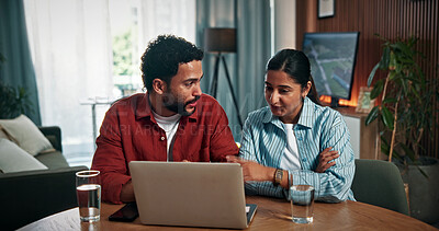 Buy stock photo Computer, conversation and couple in home with online banking for property investment, bills or mortgage. Technology, discussion and man with woman on laptop for loan application together in house.