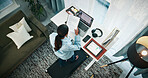 Woman, walking or documents with laptop on standing desk or treadmill above for finance in home. Top view, female person or freelancer with computer, paperwork or tablet for remote work in house