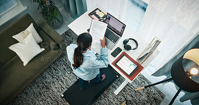Buy stock photo Woman, treadmill or documents with laptop on standing desk above for finance in home. Top view, female person or freelancer with computer, paperwork or tablet on walking pad for remote work in house