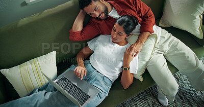 Buy stock photo Online, research and couple with laptop in house, bonding and planning for trip with discount offer. Above, man and woman with tech for ticket purchase, ecommerce and searching for sale on website