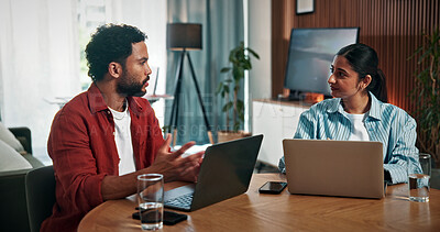 Buy stock photo Business, people and meeting with laptop in office for discussion, planning and story feedback. Journalist, team and conversation with pc for copywriting report, draft update and article publication
