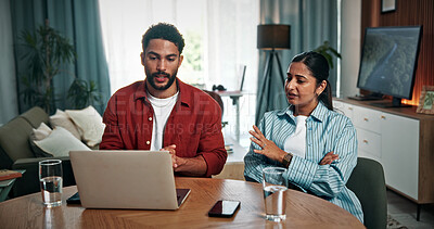 Buy stock photo Couple, financial planning and discussion with laptop in home, loan and concern for low credit score. Serious, man and woman with worry for mortgage rejection, online and debt management with tech
