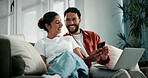Laugh, talking and couple on sofa with tech for social media, networking and bonding on weekend. Marriage, relax and man with woman on phone and laptop for internet, website and connection in home