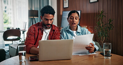 Buy stock photo Couple, laptop and checking with documents for finance, investment or audit together in home. Man, woman or invoice with computer or paperwork for financial planning, budget cost or expenses in house