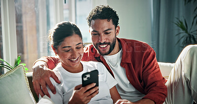 Buy stock photo Phone, scroll and happy couple on sofa to relax for weekend, bonding and online for social media. Dating, love and man with woman on smartphone for internet, website and connection in home together