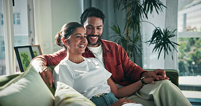 Buy stock photo Love, happy and couple relax on sofa for bonding together, conversation and healthy relationship. Security, people and smile with affection in home for connection, weekend break and marriage loyalty