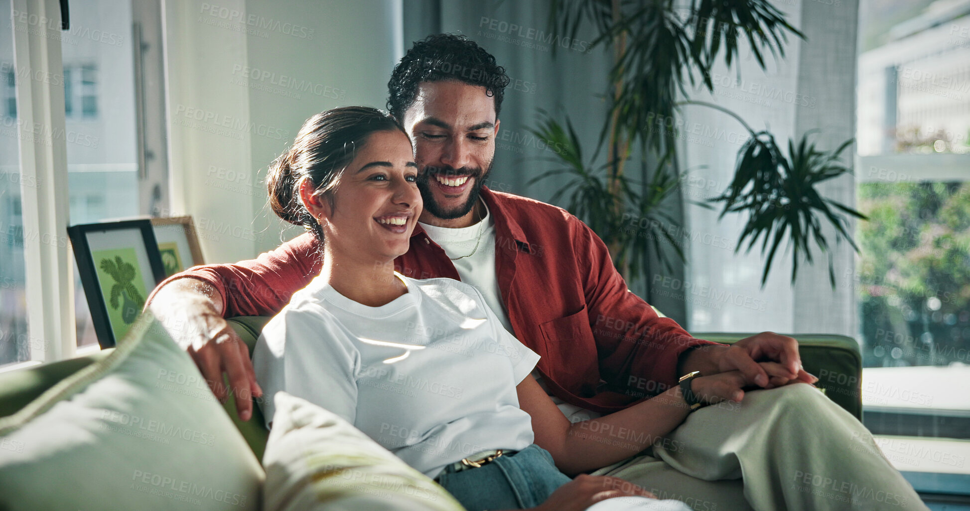 Buy stock photo Love, happy and couple relax on sofa for bonding together, conversation and healthy relationship. Security, people and smile with affection in home for connection, weekend break and marriage loyalty