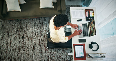 Buy stock photo Man, walking or treadmill with laptop on standing desk above for finance or research in home. Top view, male person or freelancer with computer, paperwork or tablet for remote work or design in house