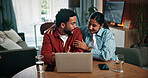 Laptop, conversation and people in home with online banking for property investment, bills or mortgage. Technology, discussion and man with woman on computer for loan application together in house.