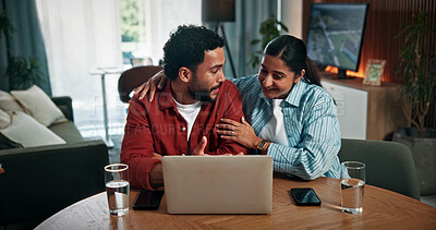 Buy stock photo Laptop, conversation and people in home with online banking for property investment, bills or mortgage. Technology, discussion and man with woman on computer for loan application together in house.