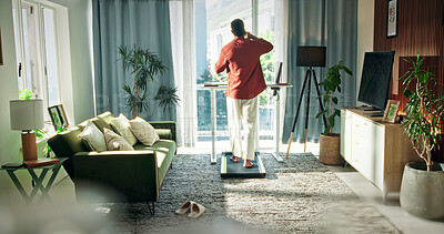 Buy stock photo Freelancer, treadmill and phone call with man in home for communication, multitasking and chat. Remote worker, walking pad and connection with back of person in living room of apartment for contact