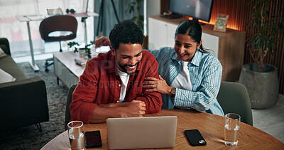 Buy stock photo Laptop, happy and couple with conversation in home with online banking for property investment, bills or mortgage. Technology, discussion and man with woman on computer for loan application together.