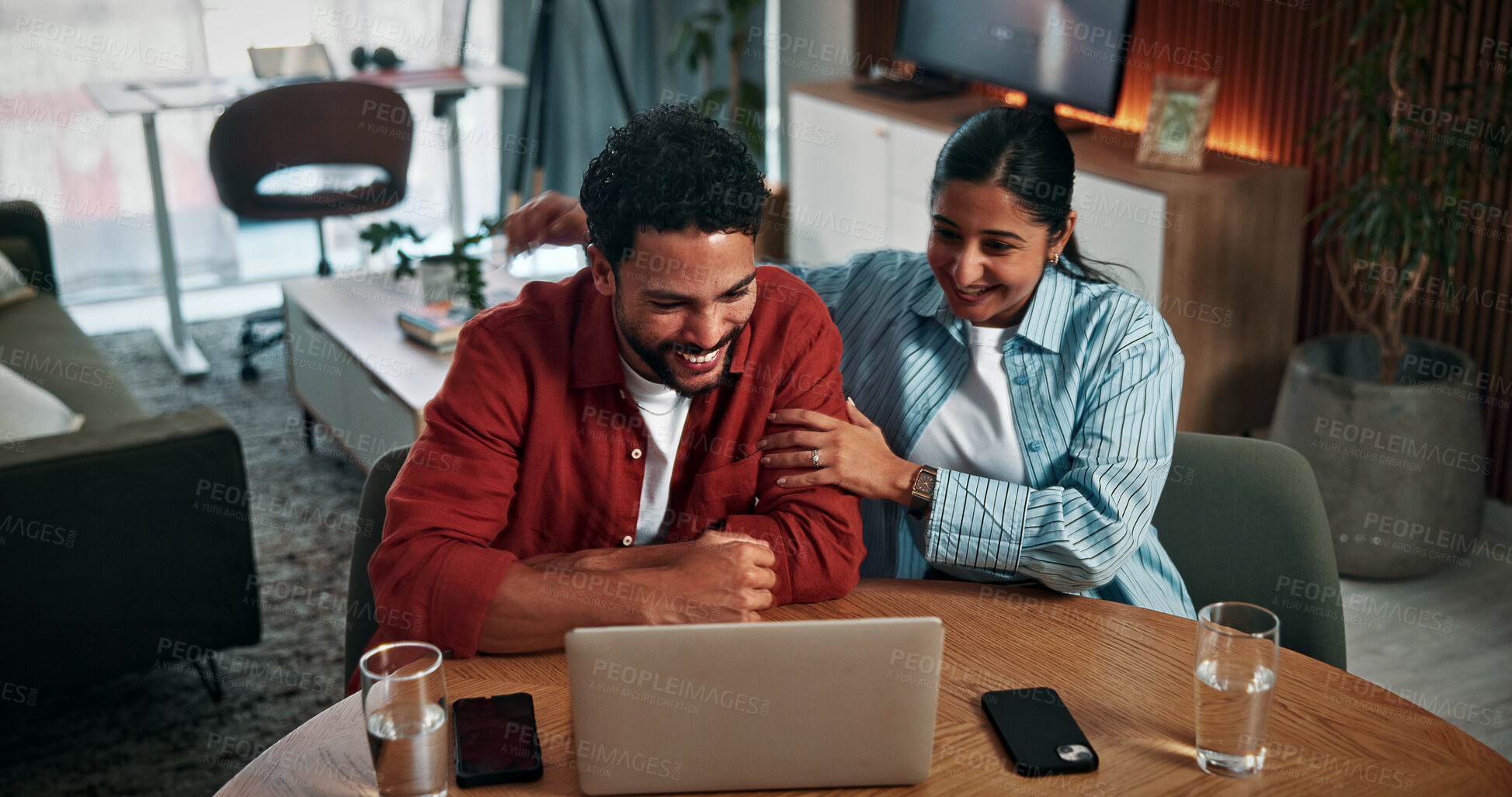 Buy stock photo Laptop, happy and couple with conversation in home with online banking for property investment, bills or mortgage. Technology, discussion and man with woman on computer for loan application together.