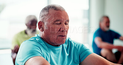 Buy stock photo Yoga, class or old man in gym with meditation, calm practice or mindfulness in wellness activity. Holistic, zen or people with inner peace, retirement hobby or mindset improvement in group session.