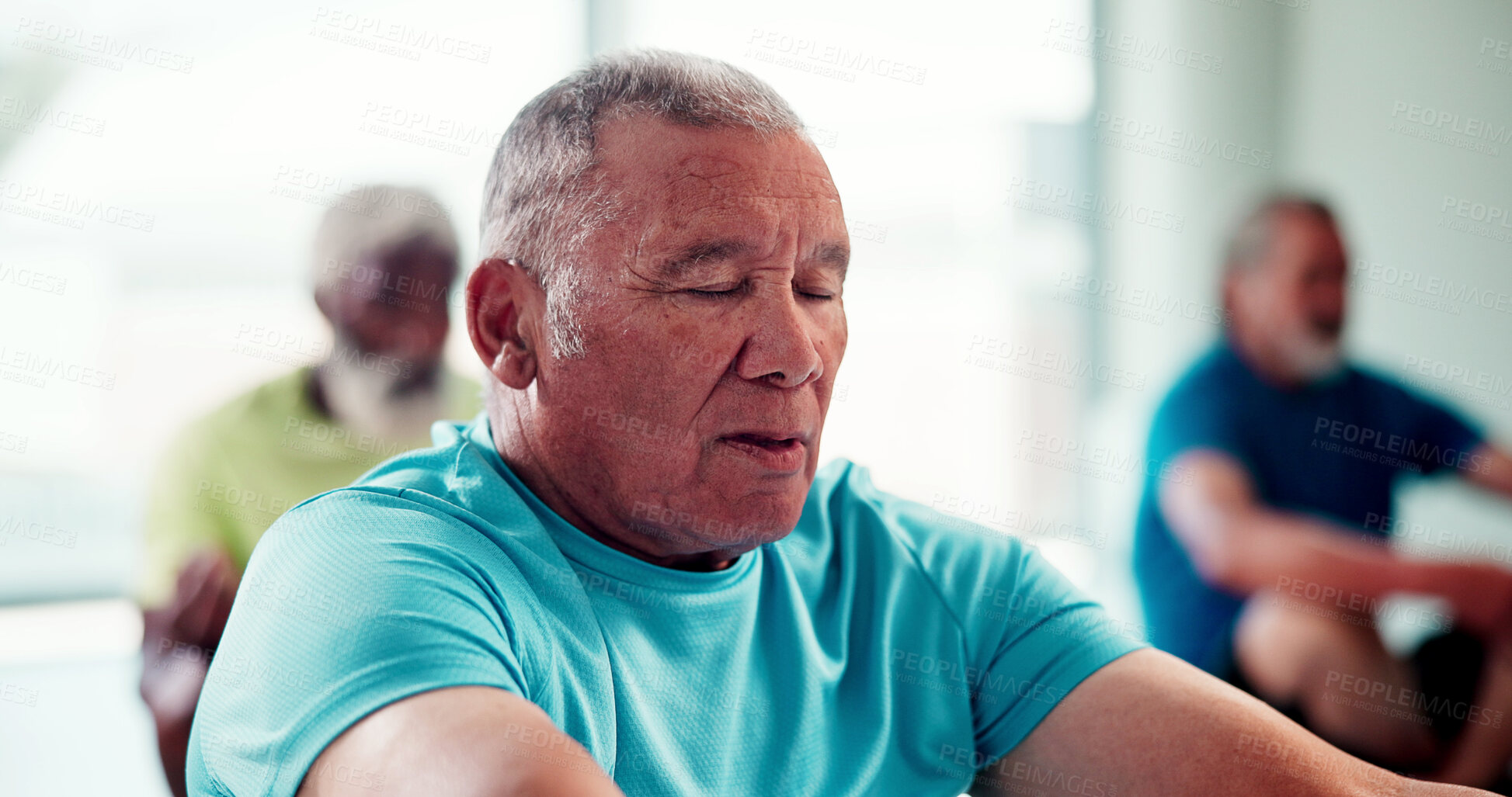 Buy stock photo Yoga, class or old man in gym with meditation, calm practice or mindfulness in wellness activity. Holistic, zen or people with inner peace, retirement hobby or mindset improvement in group session.