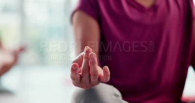 Buy stock photo Hand, meditation and yoga with person in class for exercise, holistic or wellness routine. Fitness, mudra and zen with yogi man closeup in studio for balance, inner peace or mindfulness activity