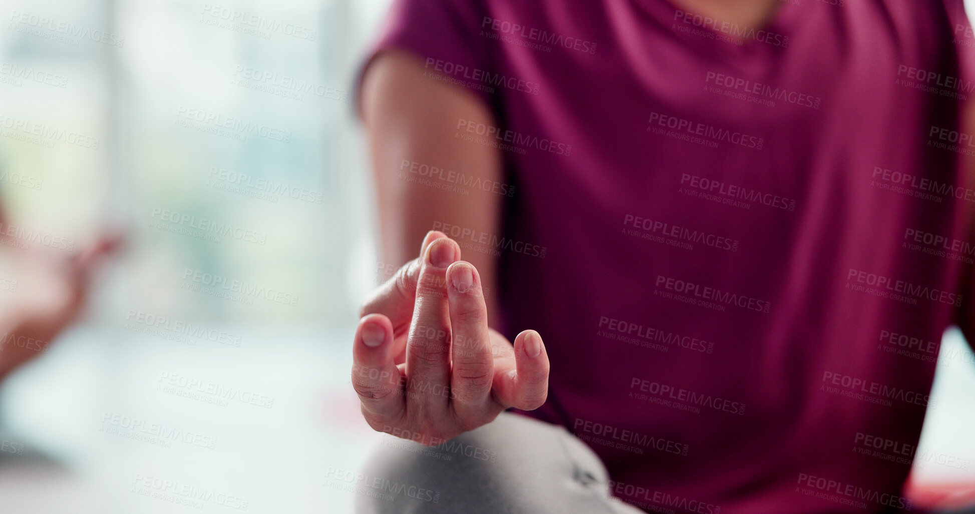 Buy stock photo Hand, meditation and yoga with person in class for exercise, holistic or wellness routine. Fitness, mudra and zen with yogi man closeup in studio for balance, inner peace or mindfulness activity