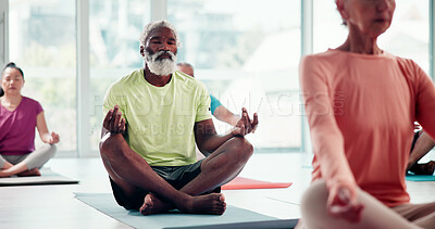 Buy stock photo Balance, meditation and senior man in yoga class for awareness, inner peace or wellness. Exercise, mindfulness and zen with old person on floor in studio for holistic activity, development or health