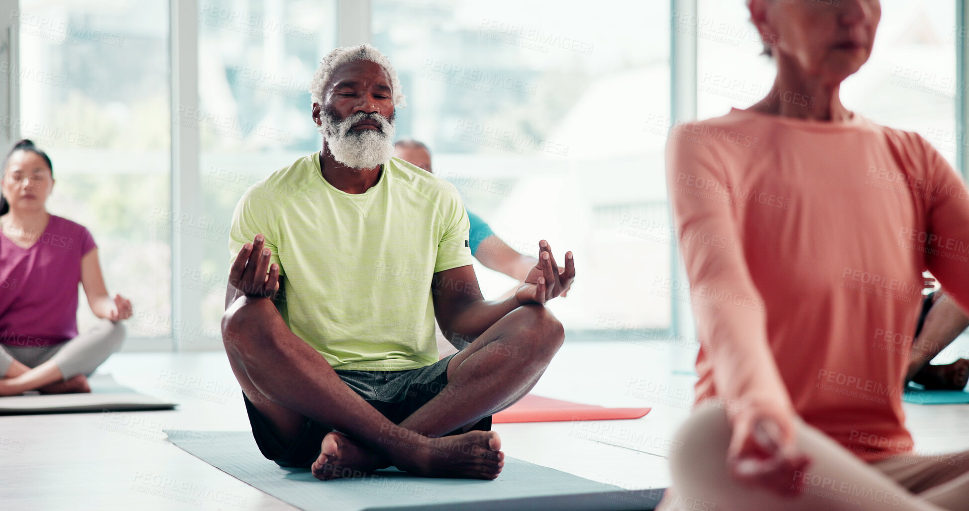 Buy stock photo Balance, meditation and senior man in yoga class for awareness, inner peace or wellness. Exercise, mindfulness and zen with old person on floor in studio for holistic activity, development or health