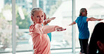 Warrior pose, yoga and senior woman in studio for fitness, wellness or exercise for balance. Health, yogi and elderly female person in retirement with stretching at class for calm, relax or zen.