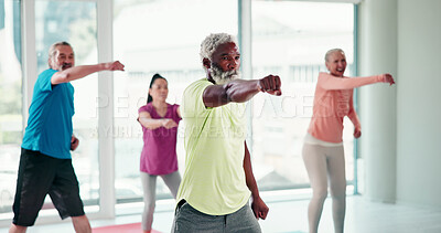 Buy stock photo Wellness, pilates and senior people in studio for fitness, challenge or exercise for balance. Health, active and group of elderly friends in retirement with stretching at class for calm or relax.