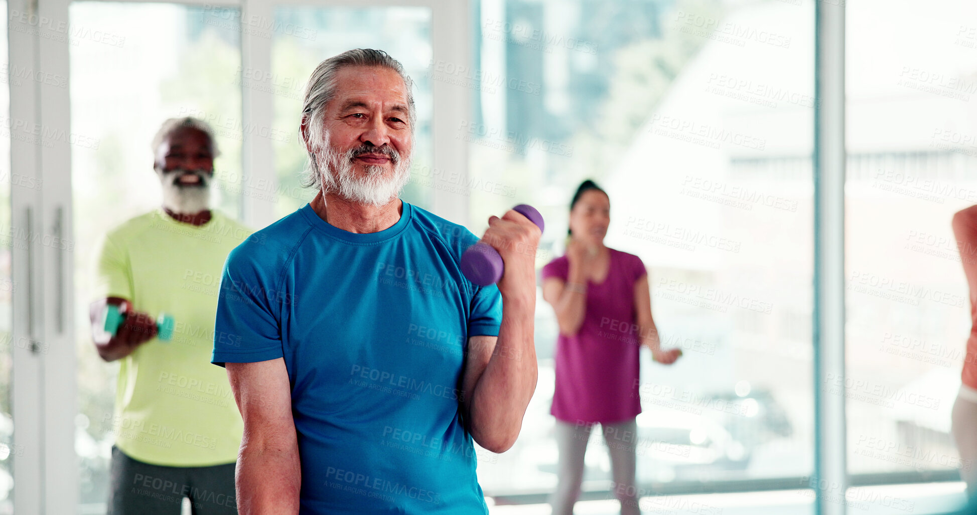 Buy stock photo Senior, man and weightlifting with dumbbell in class for fitness, workout or exercise together. Elderly, group or team lifting with weight for physical activity, rehabilitation or arm training in gym