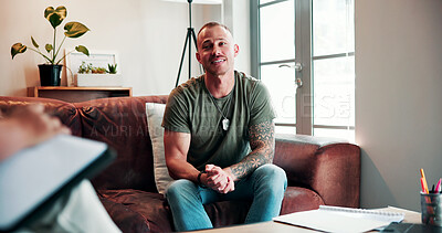 Buy stock photo Mental health, therapist or man in clinic with notes, help or evaluation in counseling visit. Consultation, patient or psychologist with writing, assessment checklist or advice in support session.