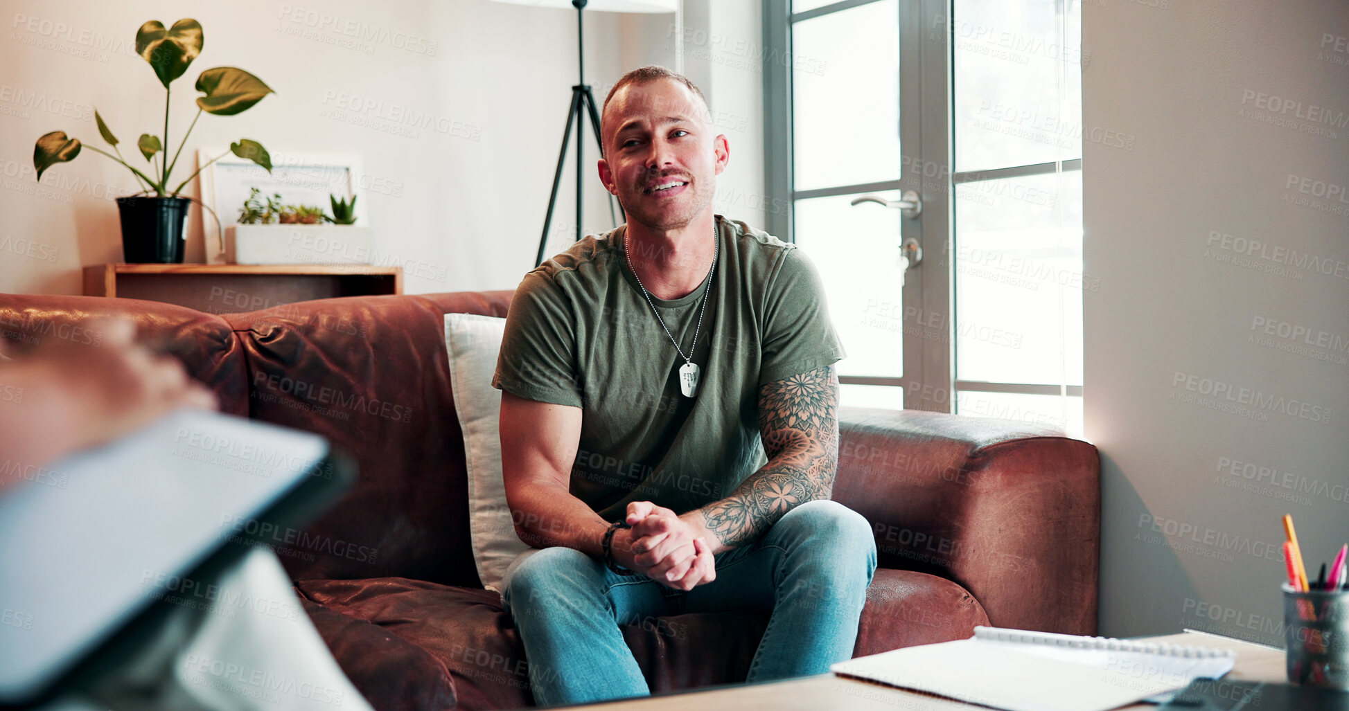 Buy stock photo Mental health, therapist or man in clinic with notes, help or evaluation in counseling visit. Consultation, patient or psychologist with writing, assessment checklist or advice in support session.
