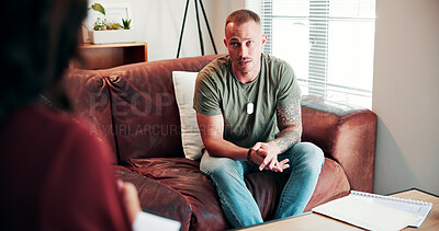 Buy stock photo Therapist, talking or soldier in office for therapy, trauma counseling or support for society integration. Speaking, war story or psychologist with man for ptsd healing, veteran experience or memory