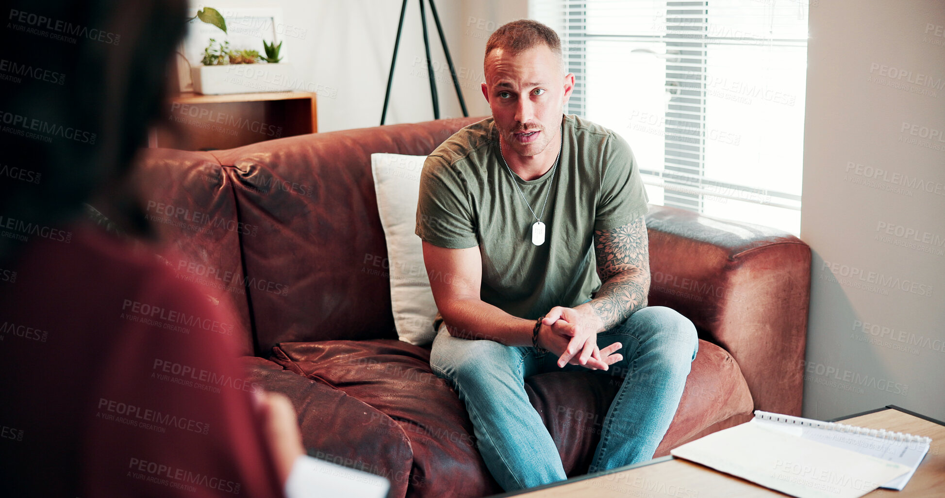 Buy stock photo Therapist, talking or soldier in office for therapy, trauma counseling or support for society integration. Speaking, war story or psychologist with man for ptsd healing, veteran experience or memory