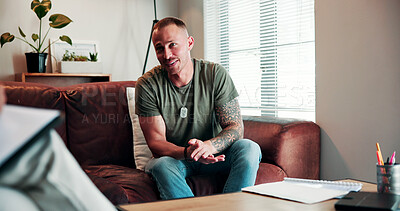 Buy stock photo Psychologist, talk or soldier in office for therapy, trauma counseling or support for society integration. Speaking, war story or therapist with man for ptsd healing, veteran experience or memory