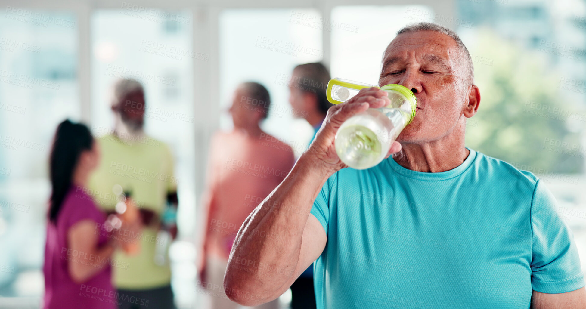 Buy stock photo Fitness, class and senior man drinking water in studio, post workout hydration or sports training break. Retirement health, gym session or elderly people with liquid to recover, thirsty or exercise