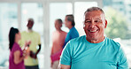 Happy, fitness class and portrait of senior man in studio for yoga with wellness, balance or health. Smile, retirement and elderly male person at group pilates session for exercise in morning.