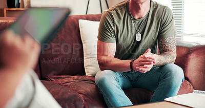 Buy stock photo Therapist, tablet or soldier in office for therapy, ptsd counseling or evaluation for society integration. Assessment, tech or psychologist with man for trauma healing, veteran rehabilitation or help