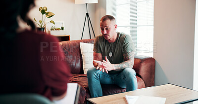 Buy stock photo Psychologist, talk or veteran in office for therapy, trauma counseling or support for society integration. Speaking, war story or therapist with man for ptsd healing, soldier experience or memory