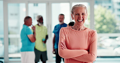 Buy stock photo Arms crossed, fitness and portrait of woman in pilates class for health, training or wellness activity. Exercise, happy and satisfaction with excited senior person in studio for holistic vitality