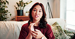 Therapy, video call and portrait with woman in office for pressure point relief, consulting and teaching. Eft tapping, virtual advisor and counseling with person in holistic clinic for energy release
