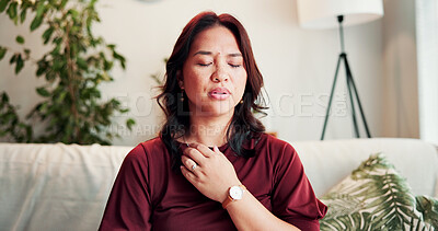 Buy stock photo Breathe, somatic therapy and woman on sofa for healing, mindfulness and calm for holistic counseling. Psychology, therapist and person with breathwork for awareness, emotion regulation or eft tapping
