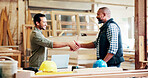 Men, happy and handshake with carpenter at factory for thanks, success and promotion at plant. People, team and shaking hands with smile, motivation and achievement with manufacturing at warehouse