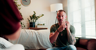 Buy stock photo EFT tapping, therapy and man on sofa at session for healing, holistic or stress relief with peace. Anxiety, health and male patient with wellness coach for zen, relax or calm exercise in clinic.