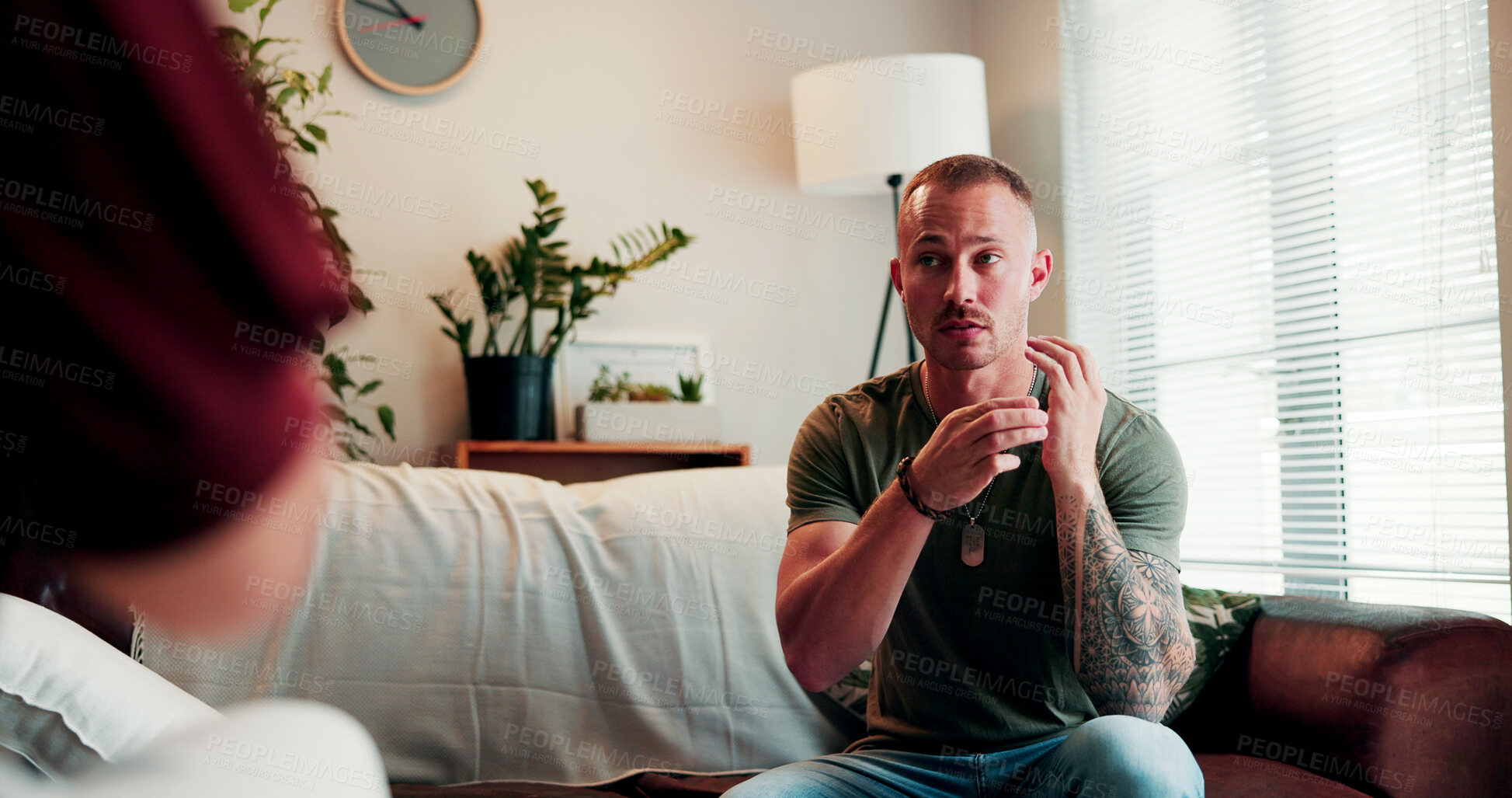 Buy stock photo EFT tapping, therapy and man on sofa at session for healing, holistic or stress relief with peace. Anxiety, health and male patient with wellness coach for zen, relax or calm exercise in clinic.